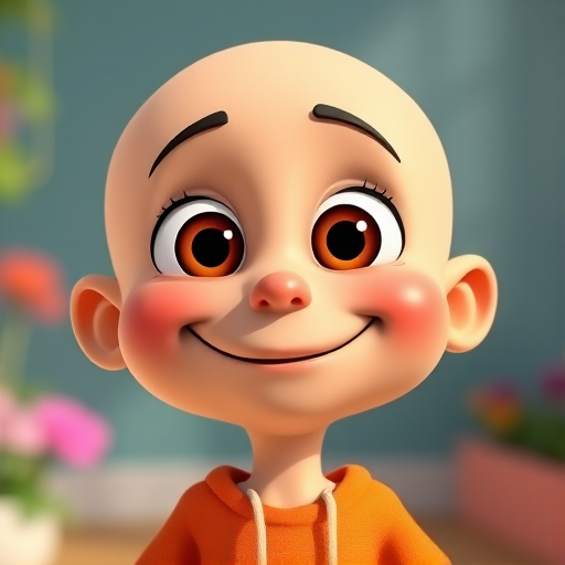 create a vibrant illustration of a cheerful bald cartoon character with large brown eyes and an expressive smile using a Canon EOS R5 camera, 50mm lens, f/1.8 aperture, ISO 100, shot in natural light, with a shallow depth of field to enhance details and colors