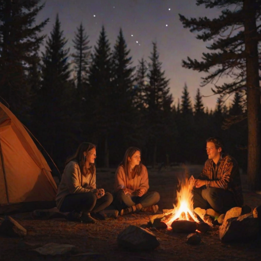 Warm, softly lit image of a family gathered around a campfire at twilight, soft orange light from the flames illuminating their faces, with tents and trees barely visible in the background and stars beginning to emerge.