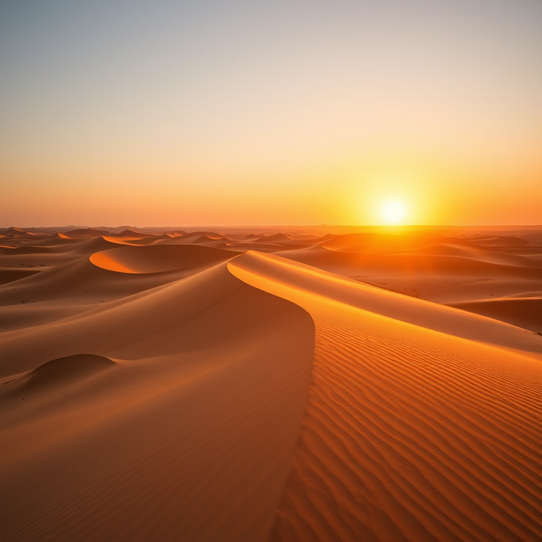 desert landscape with rolling sand dunes at sunset, soft golden light casting long shadows, high dynamic range, ISO 100, f/8 aperture, 1/250 sec shutter speed, shot with a DSLR camera, 50mm lens, wide-angle view