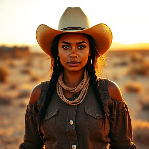 Dramatic photo of a beautiful Fijian woman, classic cowboy attire, confident and free spirit expression, half-length portrait, centered, golden hour desert landscape, warm, diffused light, low angle, medium format film camera, in style of Annie Leibovitz.