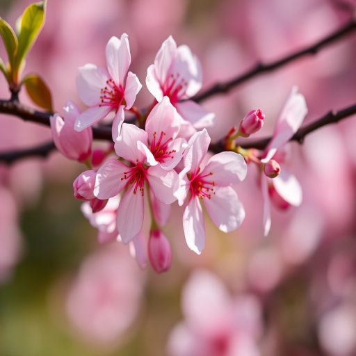 Close-up of pink cherry blossoms on a branch with soft lighting, shallow depth of field, ISO 100, aperture f/2.8, 50mm lens, DSLR camera, natural light.