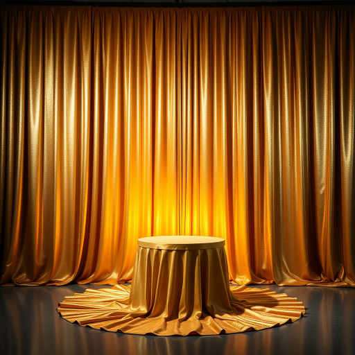 golden drapery backdrop with a circular pedestal in the center, soft lighting for an elegant ambiance, DSLR camera, 50mm lens, f/1.8 aperture, ISO 100, 1/125 sec shutter speed, shallow depth of field