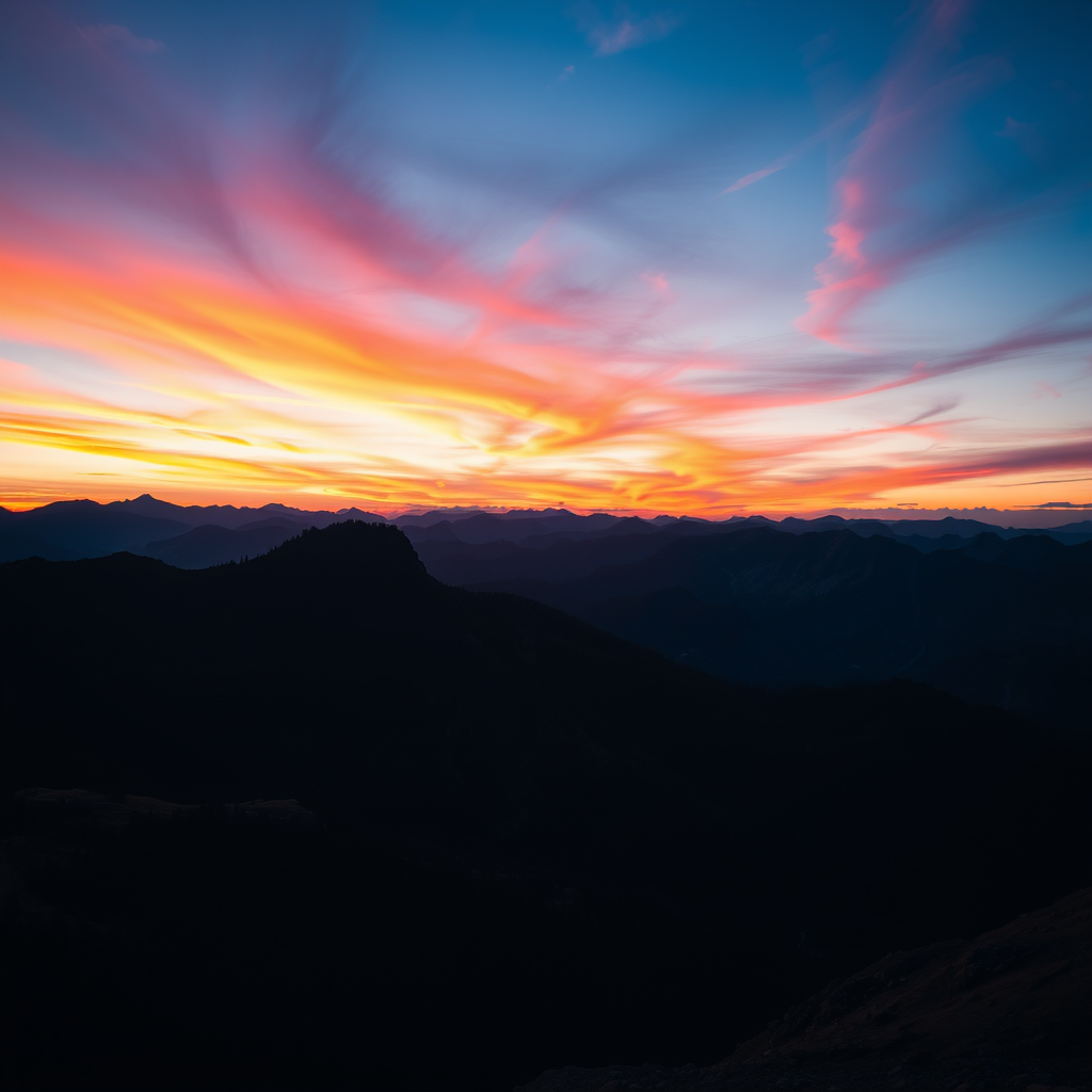 Create a high-resolution image of a sunset over a mountain range with vibrant oranges and purples in the sky, captured with a Canon EOS R5, 24mm lens, f/4 aperture, ISO 100, 1/100 sec exposure, landscape mode, and HDR settings for enhanced detail and color richness.