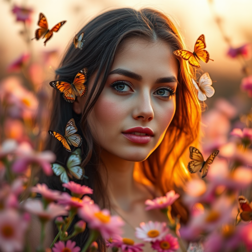 Create a serene portrait of a woman surrounded by vibrant flowers and butterflies, soft pastel colors, golden hour lighting, depth of field focusing on the woman's face, using a full-frame DSLR camera with an 85mm lens, aperture f/1.8, ISO 200, and a shallow depth of field for a dreamy effect.