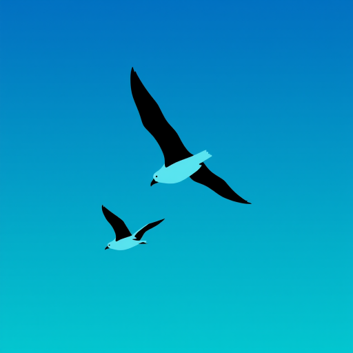 A minimalist design of two stylized black seagulls flying against a vibrant gradient background of blue and turquoise, captured with a DSLR camera at f/8, ISO 200, 50mm lens, wide-angle view, in high-resolution digital format.