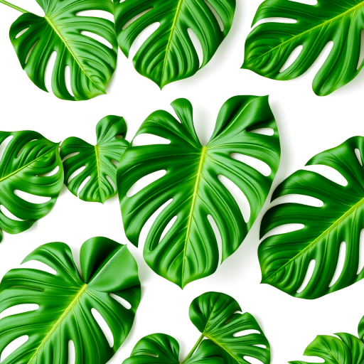 Create a high-resolution image featuring a seamless pattern of lush green monstera leaves on a plain white background, using a DSLR camera at f/2.8 aperture, ISO 100, and a 50mm lens, capturing a top-down view with natural lighting for enhanced vibrancy and detail.