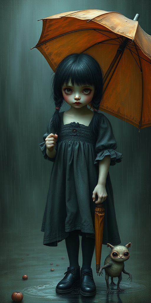 An eerie, weird little girl with dark hair in thin pigtails, wearing a smock dress, standing in the rain, holding a dirty orange umbrella, a small, odd creature beside her. In a surreal style inspired by Nicoletta Ceccoli and Brian Froud. Dark fantasy themes