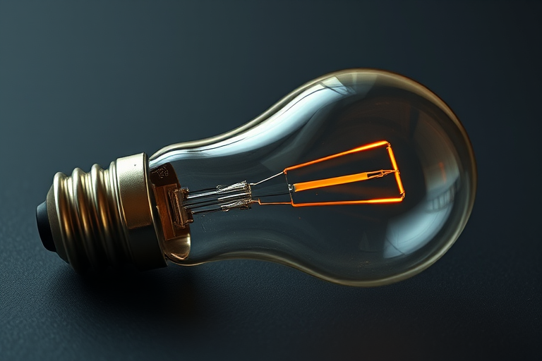 Create a highly detailed and realistic 3D rendering of a vintage light bulb lying on a dark surface, using a Canon EOS R5 camera with a 50mm f/1.2 lens, aperture set to f/2.8, shutter speed 1/125s, ISO 100, in soft natural lighting, with a shallow depth of field to emphasize the bulb's intricate filament details.