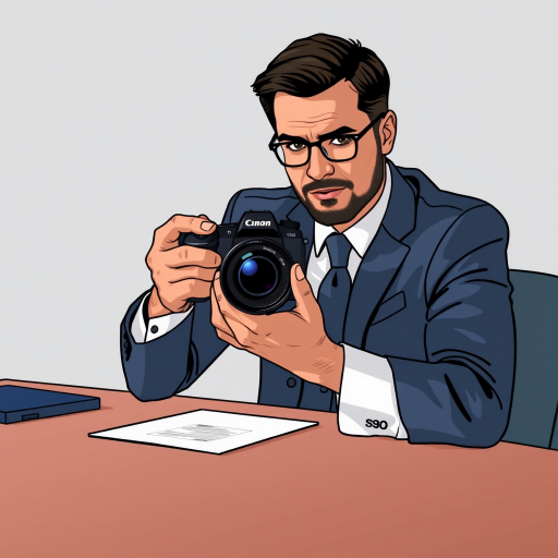 Create a high-resolution vector illustration of a businessman in a suit sitting at a table, gesturing with one hand, using a DSLR camera with a 50mm lens, f/1.8 aperture, ISO 100, and soft studio lighting for clarity and detail.