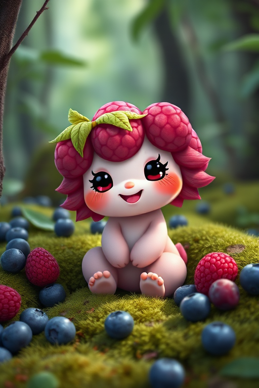 Create a highly detailed digital illustration of an adorable berry-themed creature with raspberry hair and a playful expression, sitting in a lush forest surrounded by moss and blueberries, soft diffused lighting, 50mm lens, f/1.8 aperture, ISO 200, shallow depth of field, captured in high resolution.