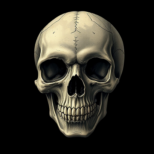 Create a detailed digital illustration of a skull with intricate features, centered on a black background, using a Canon EOS R5 camera with a 50mm lens, aperture set to f/1.8, ISO 100, and a shallow depth of field for sharp detail and smooth bokeh effects.