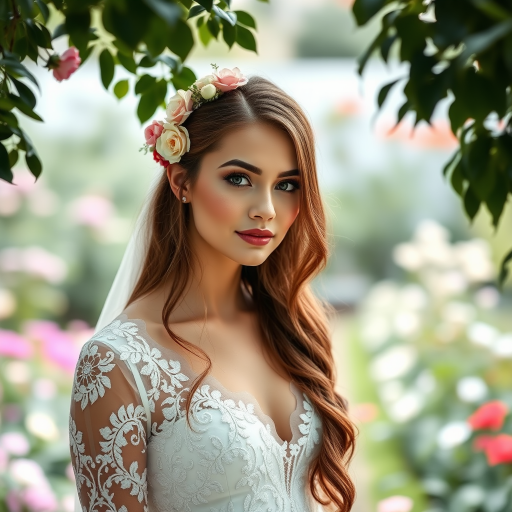 Garden scene, bridal model, delicate lace gown, floral headpiece, soft romantic focus, high-key lighting and an 85mm lens for soft, even tones that highlight the model’s face and bright outfit against a white or light background