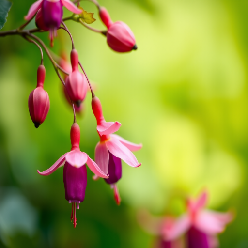 macro shot of fuchsia flowers with a blurred green background, aperture f/2.8, shutter speed 1/200s, ISO 100, DSLR camera, natural light, shallow depth of field
