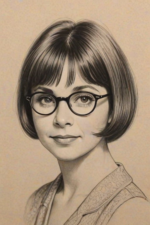 Sublime Cindy Williams, pencil sketch, portrait of Charming woman 1930s in glasses, hair style beatnik, outline, clear lines, fine lines, 8k