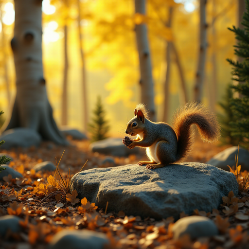 HD 8k close up of aspen trees , make the leaves have a bright but deep glowing effect, add black lines to highlight and detail the bark and leaves. The sun shines through a portion. Add some rock formations scattered throughout the forest area.  Place a squirrel close up on the rock formation. The view is eye level with the squirrel. The squirrel is cute and plump while he is trying to open a pine cone. Add a few dark green pine trees randomly.