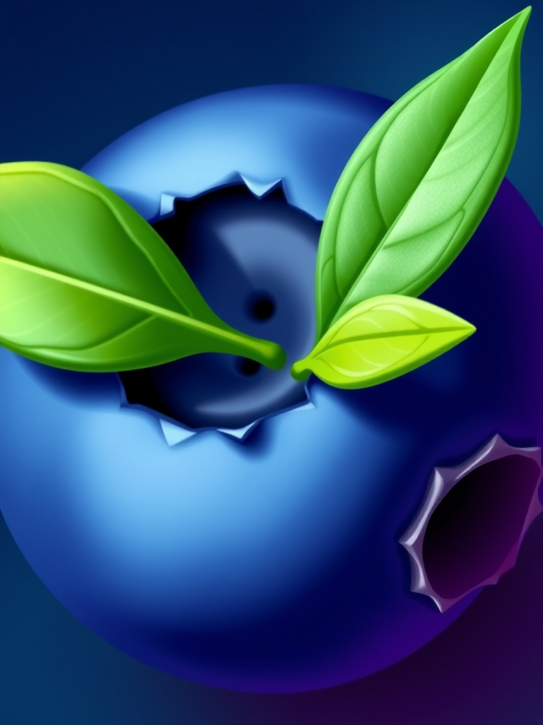 Create an illustration of a blueberry with two green leaves attached, using a Canon EOS 5D Mark IV camera, set to f/4 aperture, ISO 100, 1/200 sec exposure, in a macro view, with a vibrant color palette and smooth gradients for enhanced quality.