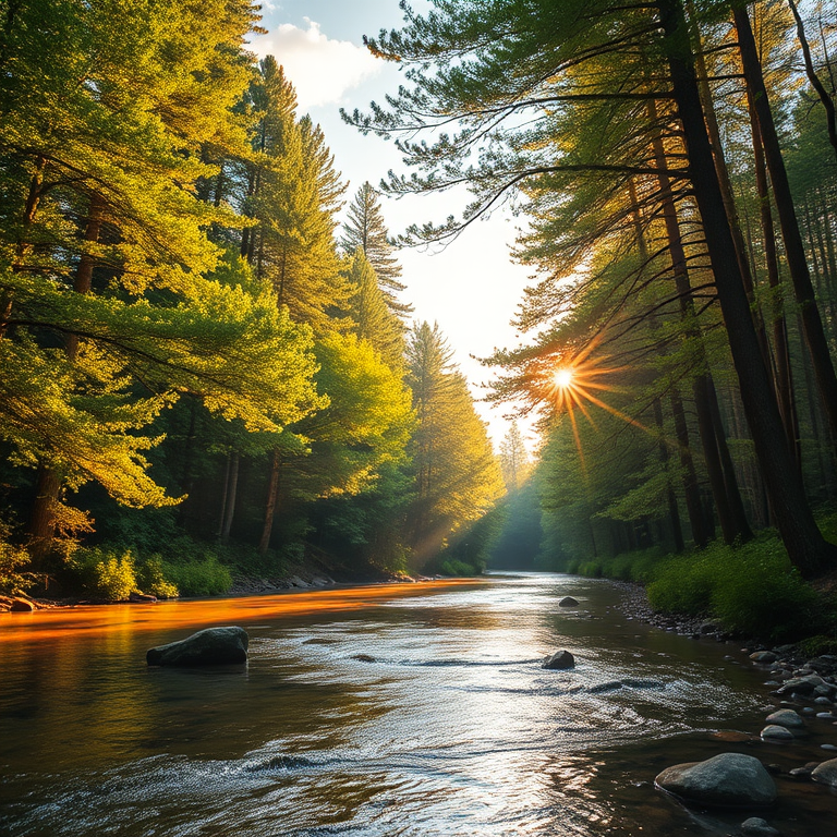 Create an image of a serene, sunlit forest scene with a clear, gently flowing river. Tall trees with lush green foliage line both sides of the river, their leaves bathed in the warm golden light of the setting or rising sun. The sunlight filters through the trees, casting soft, dappled light on the river, which flows over smooth rocks and pebbles, creating a peaceful, natural atmosphere. The sky is bright with a few scattered clouds, and the overall mood is tranquil, evoking a deep sense of connection with nature. The image captures the beauty of a calm, pristine forest landscape at either dawn or dusk.