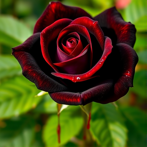 Create a highly detailed illustration of a black rose with red dripping petals and vibrant green leaves, using a macro lens, f/2.8 aperture, 1/125s shutter speed, ISO 100, shot in natural light with a shallow depth of field to enhance colors and textures, emphasizing the contrast between the dark petals and bright green leaves.