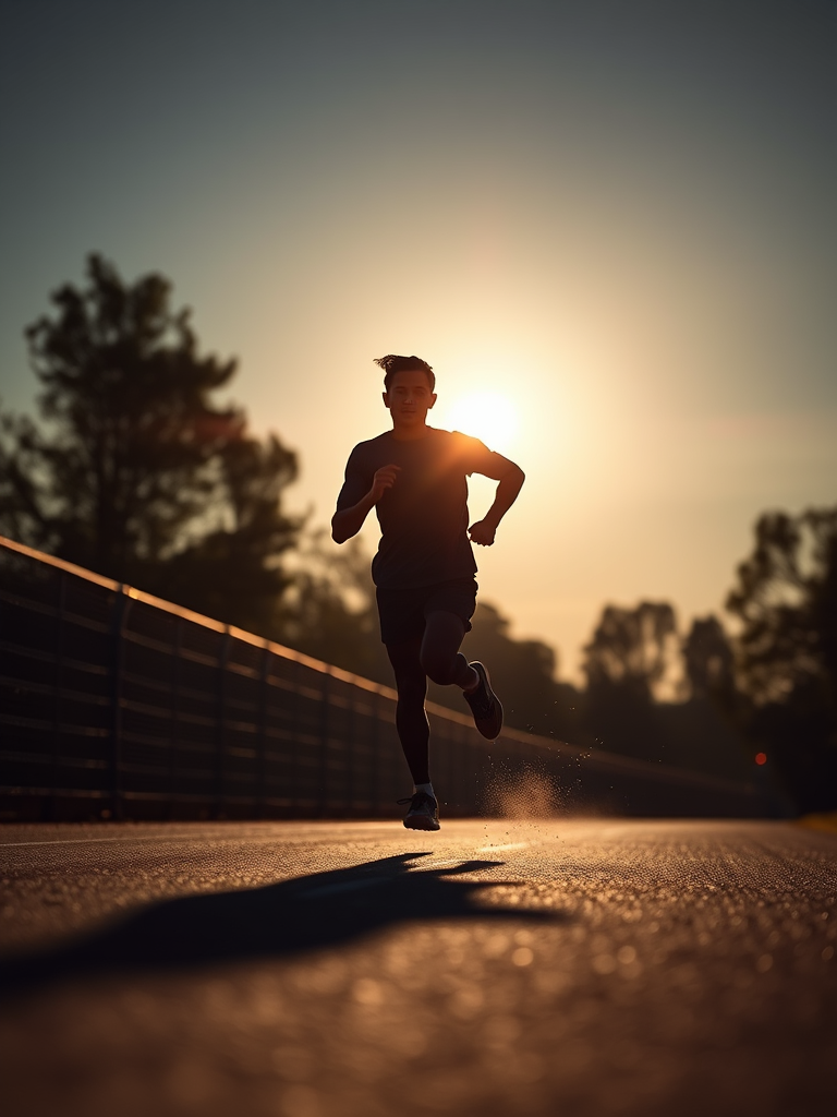 Create a dynamic silhouette of a runner in motion, shot from a low angle to emphasize speed, using a DSLR camera with a 50mm lens, aperture set to f/2.8 for a shallow depth of field, ISO 100, and a shutter speed of 1/1000 seconds to freeze the action.