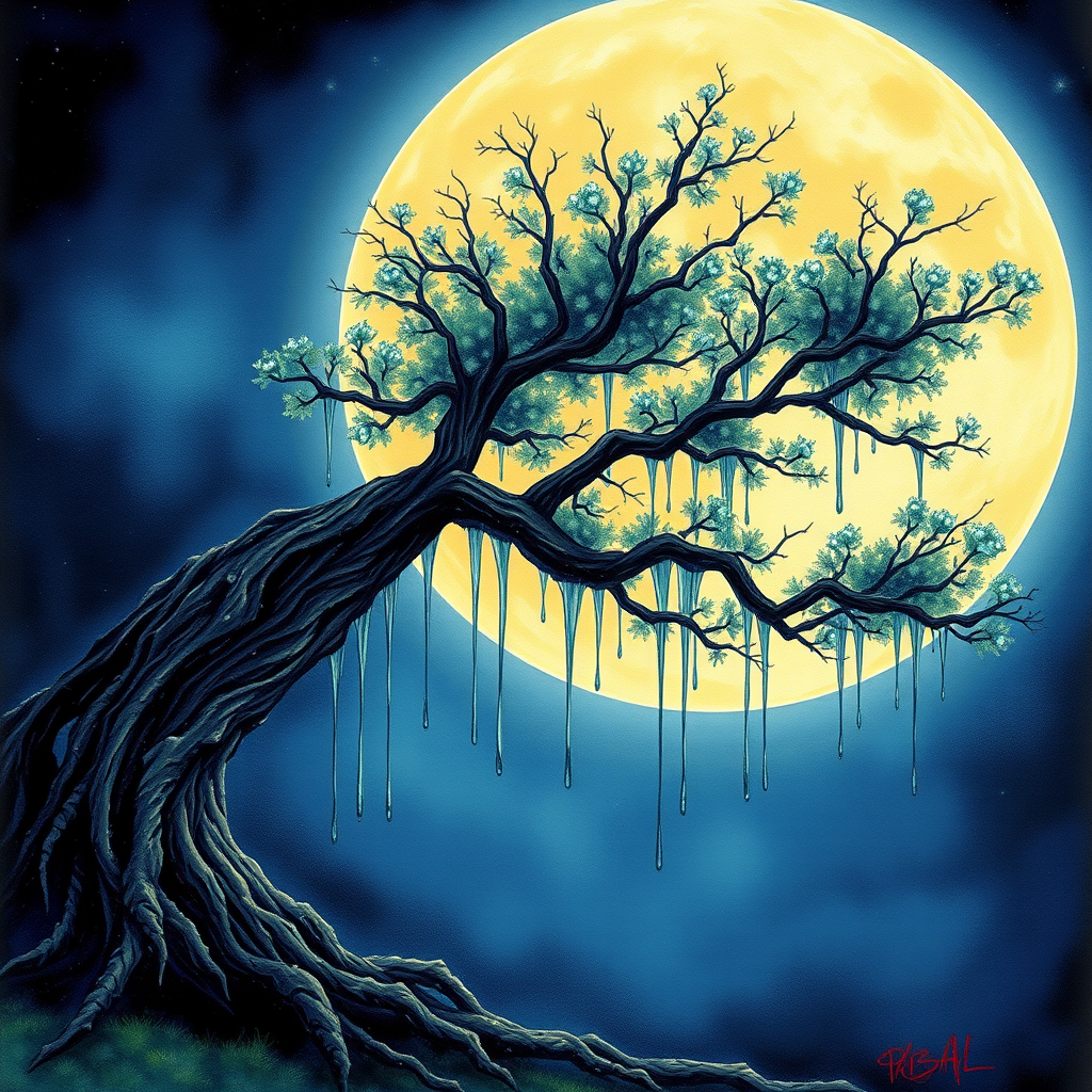painting of a tree with a full moon in the background and water dripping from its branches, fantasy art, alcohol ink, 3D, 4K, HDRi
