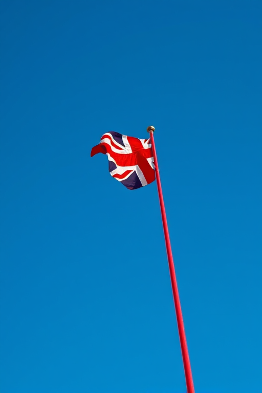 Capture a vivid image of a red flag with a Union Jack in clear blue sky, using a DSLR camera at f/8, ISO 100, 1/250 sec, shot from a low angle with a wide-angle lens.
