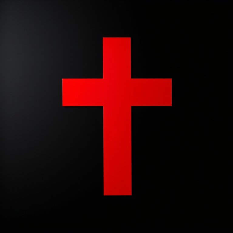 Create an image of a large red cross symbol on a black background, captured with a Canon EOS 5D Mark IV, 50mm lens, f/1.8 aperture, ISO 100, in a top-down view, utilizing a high contrast style for enhanced visual impact.