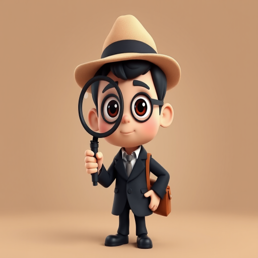 Create a 3D illustration of a cartoon detective character holding a magnifying glass, wearing a beige fedora, black suit, and a brown shoulder bag, with a smooth background gradient; camera settings: f/2.8 aperture, ISO 100, shutter speed 1/125s; camera view: eye level; camera style: realistic cartoon; camera type: digital DSLR.