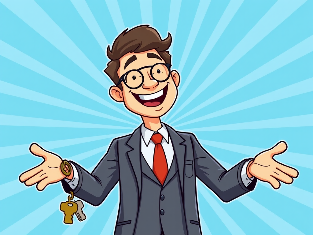 Create a cartoon-style illustration of a cheerful businessman in a suit with his arms outstretched, holding a large key, with a radial blue background, shot with a Canon EOS R5 at f/4, ISO 100, 50mm lens, in bright daylight.