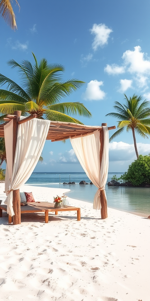 Create a picturesque tropical beach scene featuring a serene, white sandy shore. In the foreground, there's a rustic wooden canopy with white drapes gently flowing in the breeze. Underneath the canopy, a table is set with tropical decor, evoking a sense of relaxation and leisure. The beach extends into a calm, shallow water area with reflections of the sky and surroundings. Palm trees and lush greenery line the edge of the beach, providing a natural, tropical backdrop. The sky is clear with a few scattered clouds, and the overall atmosphere is tranquil and inviting, perfect for a peaceful retreat.