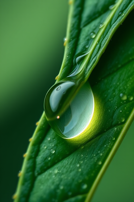 macro shot of a water droplet on a leaf with soft focus background, aperture f/2.8, shutter speed 1/200 sec, ISO 100, 85mm lens, natural lighting, DSLR camera, top-down view