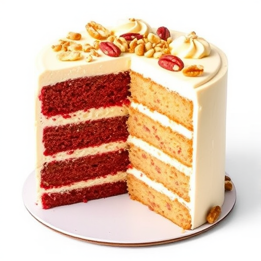 A beautifully layered cake showcasing red velvet, cream cheese, and buttery layers with a smooth frosting topping and scattered nuts, sliced to reveal its rich textures and colors, all set against a simple white background.