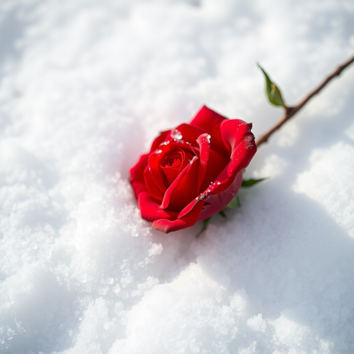 A vibrant red rose resting on a blanket of pristine white snow, captured with a Canon EOS 5D Mark IV, f/4 aperture, 1/200 sec shutter speed, ISO 100, using a macro lens for detailed close-up, with soft natural lighting to highlight the textures.