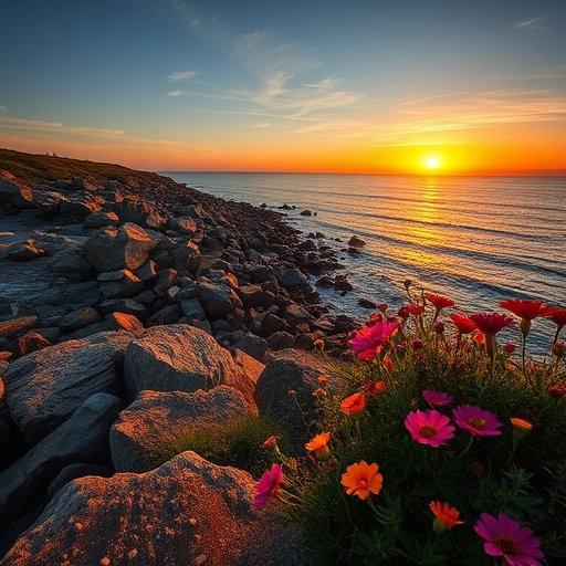 landscape photo of a rocky shoreline at sunset with colorful wildflowers in the foreground, captured with a Canon EOS 5D Mark IV, 24mm lens, f/11 aperture, ISO 100, 1/125s shutter speed, golden hour lighting, wide-angle view, high dynamic range processing