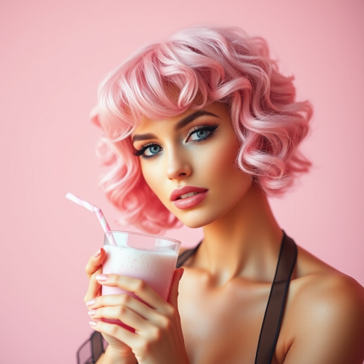 Regenerate an image of a glamorous woman with short, curly pink hair holding a pink milkshake, soft pink background, shallow depth of field, 85mm lens at f/1.8, natural light, portrait photography style, high-resolution digital camera.