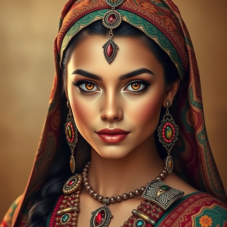 Create a portrait of a beautiful Polynesian woman with striking red eyes and a gentle expression. She is adorned in traditional attire with intricate patterns, including a richly embroidered headscarf and matching garments. Her jewelry includes a delicate headpiece, dangling earrings, and ornate bracelets, all featuring vibrant gemstones and detailed metalwork. The background is soft and warm, enhancing the rich colors of her outfit and jewelry.