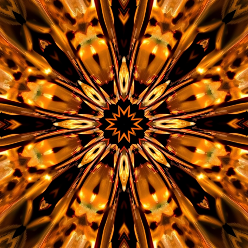 Create a symmetrical kaleidoscopic image of a geometric pattern with warm lighting using a DSLR camera, f/8 aperture, ISO 100, 24mm lens, shot from a symmetrical overhead view with high dynamic range to enhance details and contrast.