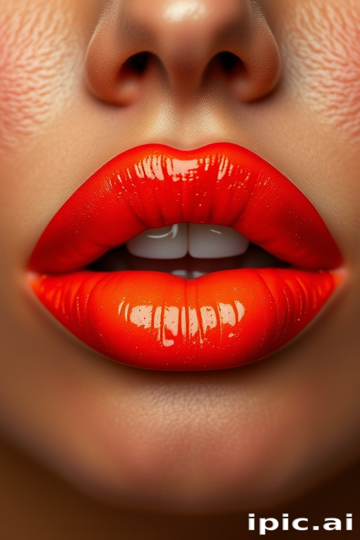 Fiery orange-red lips with a vinyl finish, dubbed "Lava Flow," featuring a subtle gradient effect and fine golden shimmer for a molten, smoldering appearance