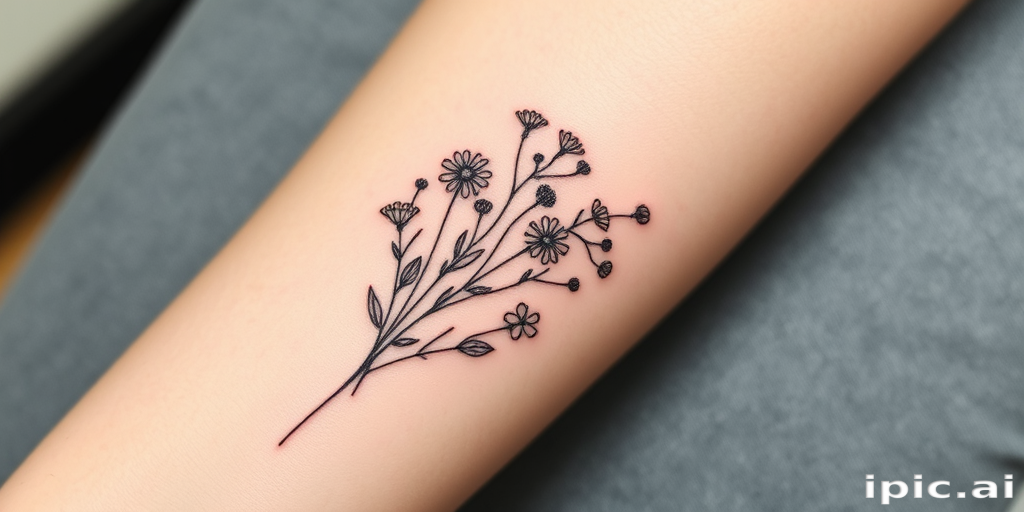Fine line botanical tattoo of a delicate wildflower bouquet on the inner forearm, with ultra-thin lines and soft, muted color accents