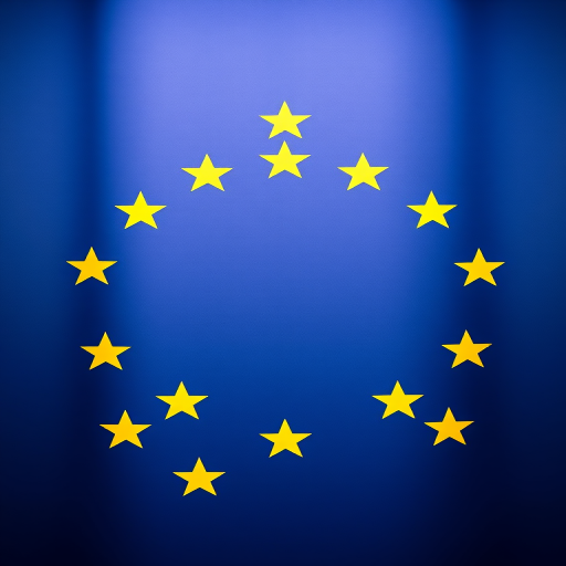 Create an image of the European Union flag with a crisp blue background and a circle of stars, using a DSLR camera with a 50mm lens, aperture set to f/2.8, ISO 100, shot in landscape orientation.
