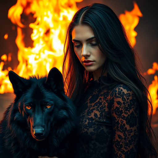 A woman with long dark hair, wearing a black lace dress that seamlessly blends into her skin with intricate floral patterns. She is in the foreground, with a black wolf beside her; its fur is midnight black, and it has glowing, intense, orange eyes that match hers. Her eyes are partially closed with burning embers above them, giving a fiery and mystical aura. The background is engulfed in tall, roaring flames, contributing to an overall dark and supernatural atmosphere. The colors are intense, predominantly black, fiery orange, and deep reds, with sharp contrast highlighting the mysterious and fierce theme. The flames are bright and dynamic, casting dramatic light and shadow, illuminating the woman and wolf while leaving parts in near darkness. The image evokes a sense of otherworldly power and connection between the woman and the wolf.