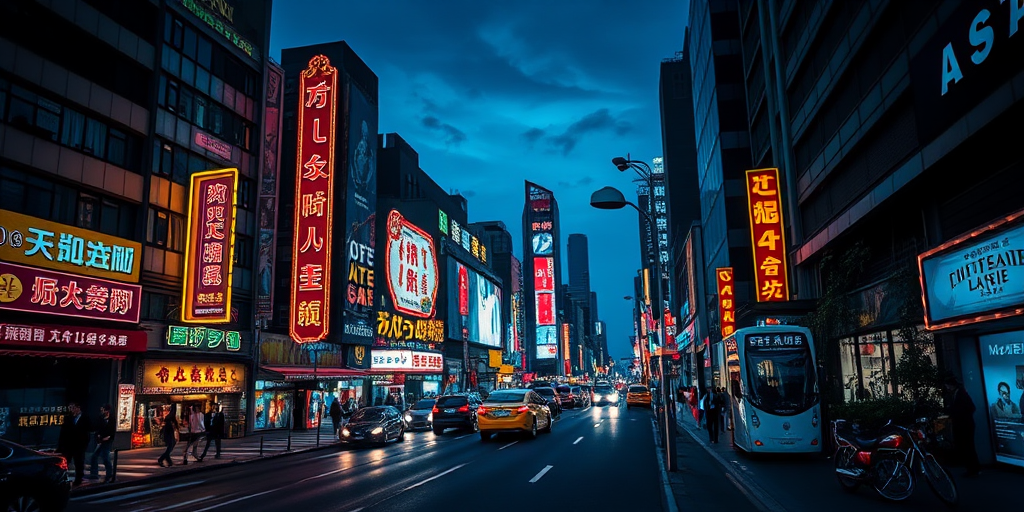 night cityscape with vibrant neon signs and busy streets, captured with a Canon EOS R5, 24mm lens, aperture f/8, ISO 100, 1/60 sec, wide angle view, HDR style, high contrast, dusk lighting