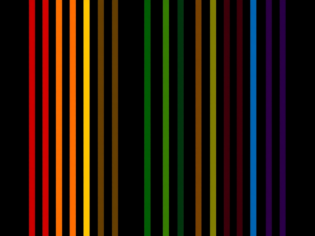 Create an abstract image of colorful vertical stripes in a gradient of red, orange, yellow, green, blue, and purple on a black background, using a DSLR camera with a focal length of 35mm, aperture set to f/8, ISO 100, and a soft-focus effect to enhance image quality.