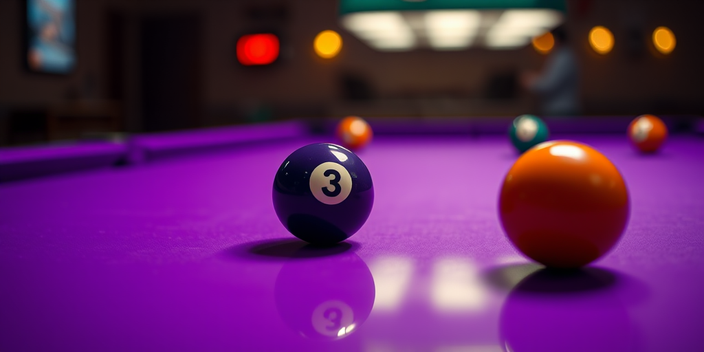 Create a high-resolution image of a 4-ball from a billiard game, using a Canon EOS R5 camera with a 50mm f/1.8 lens, aperture set to f/2.8, ISO 100, focusing on a glossy purple surface with soft shadows, ideal for a clean and vibrant look.