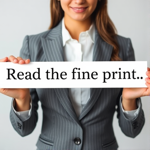 Create an image of a businesswoman in a grey pinstripe suit holding a long white strip of paper with the text "Read the fine print" in bold black font, use a DSLR camera with a 50mm lens, aperture f/2.8, ISO 100, and natural lighting, shot at eye level for a professional look.
