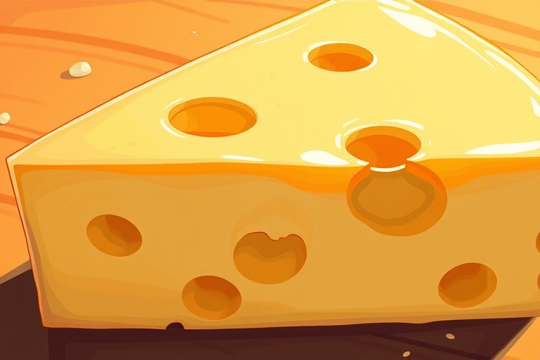 Create an illustration of a slice of Swiss cheese with visible holes, using a digital art style, 300 DPI resolution, close-up view, warm lighting, and vibrant colors, with a focus on texture and detail.