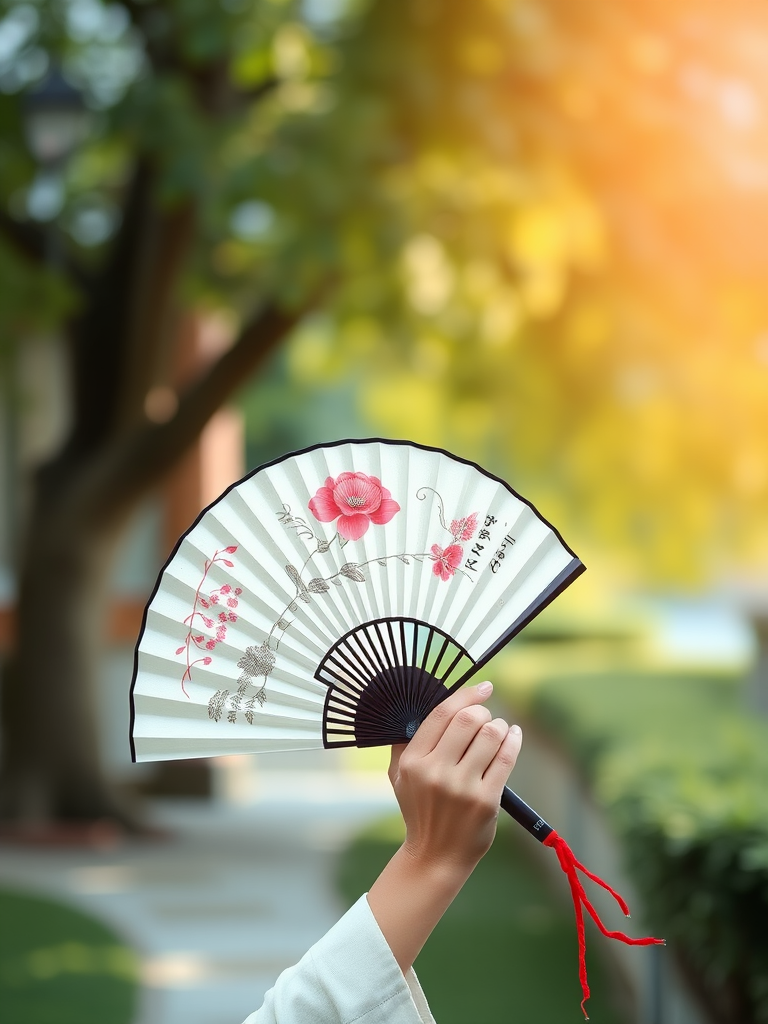 portrait of a person holding a traditional fan in a serene outdoor setting, soft natural lighting, f/2.8 aperture, 50mm lens, ISO 200, shallow depth of field, taken with a DSLR camera, side view composition