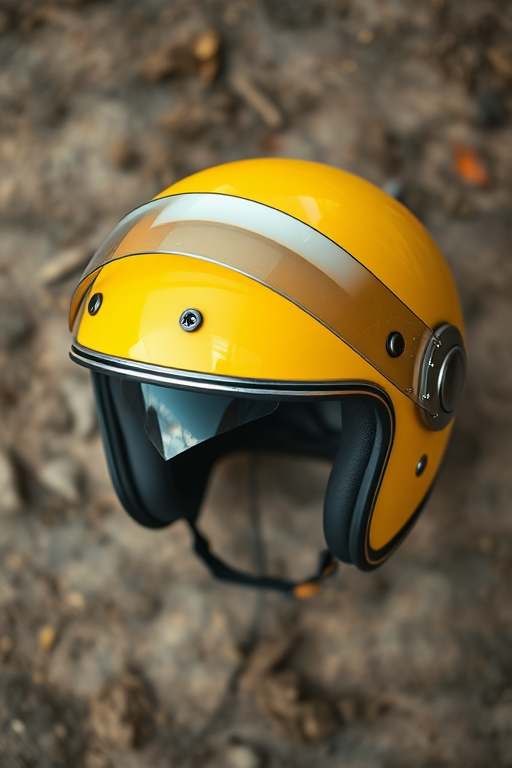 create a high-resolution image of a vintage yellow motorcycle helmet with a white visor, captured with a DSLR camera at f/2.8 aperture, ISO 100, 50mm lens, top-down view, natural lighting, and a soft focus background for depth.