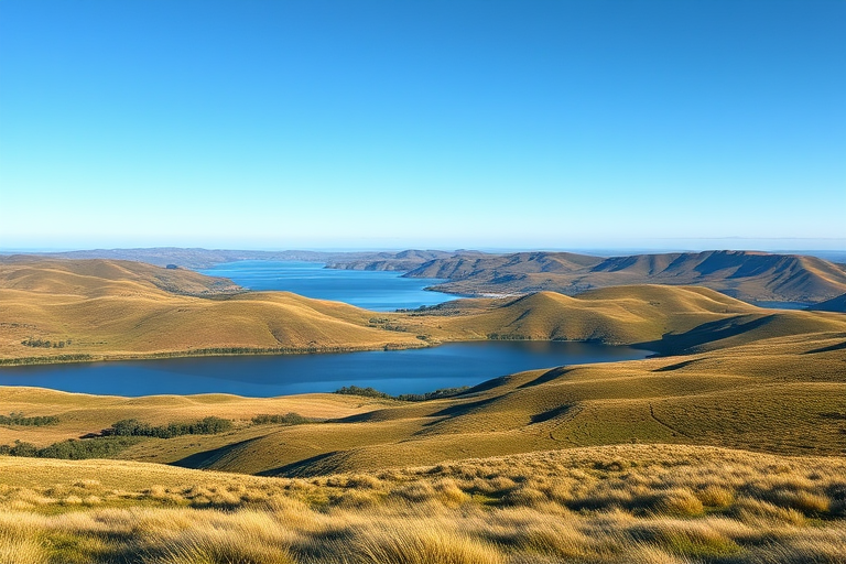Create a high-resolution image of a serene landscape featuring rolling hills and a calm lake under a clear blue sky, captured with a DSLR camera at 24mm, f/8, ISO 100, with soft natural lighting and a wide-angle view for depth.