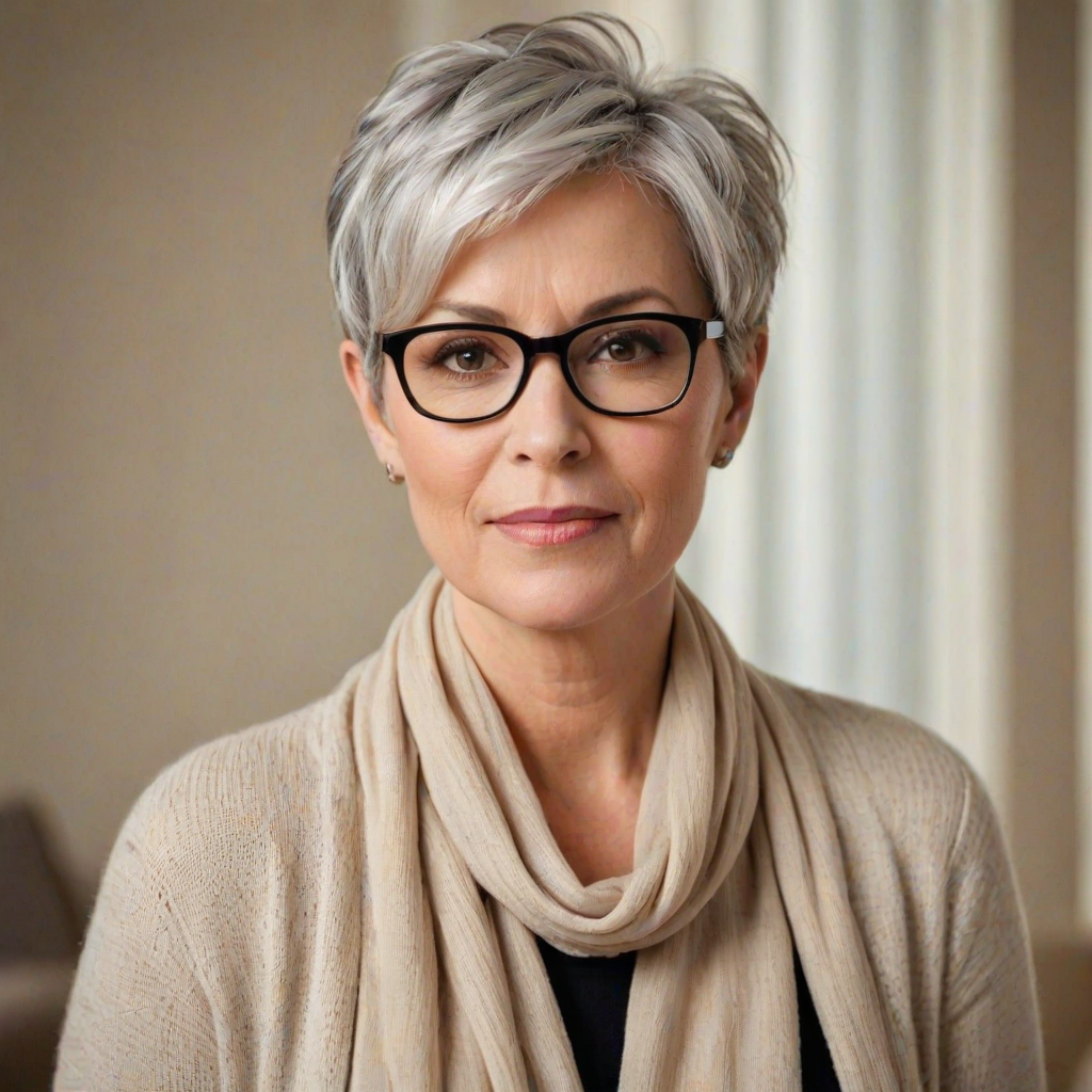 Portrait of a mature woman with short silver hair, styled in an asymmetrical pixie cut with side bangs. She wears black-framed glasses and a beige blouse with a white cardigan over it, as well as a bulky scarf in neutral tones. The woman is indoors with soft lighting and a blur in the background. Her expression is serene and confident, highlighting her elegance and modern style.