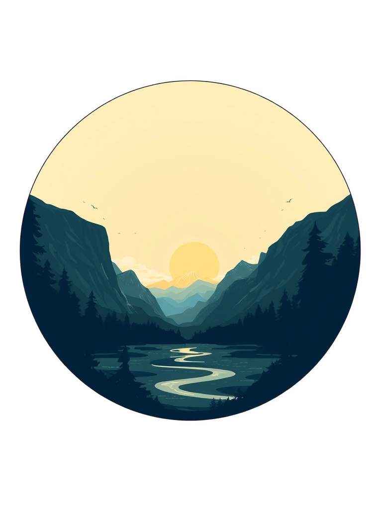 Create a digital illustration of a landscape framed within a circular design, featuring a sun and mountains, using a high-resolution setting of 300 DPI, shot from a straight-on view with a soft focus lens and a DSLR camera type.